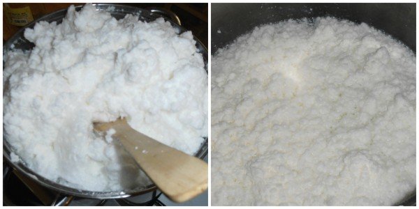 Az első képen még felfele törekszik a tojáshab, a második képen pedig már a túróvá vált tojáshab van.